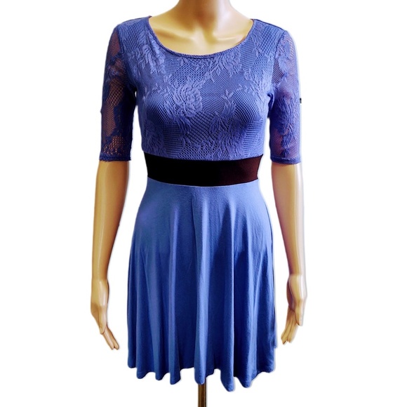 Guess Dresses & Skirts - VTG GUESS Purple Lace Black Waistband Overlay Skater Mini Dress Rayon/Spandex XS